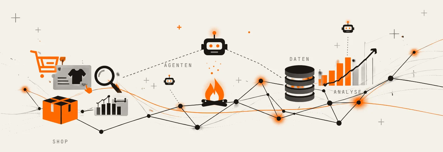 Illustration: Links der Shop mit Warenkorb, Produktkarte und Paket, rechts Daten und ein steigendes Diagramm zur Analyse. Dazwischen ein Netz aus Linien mit einem Kaminfeuer in der Mitte, dessen Funken zu einem Agenten aufsteigen, der beide Seiten verbindet; kleinere Agenten sitzen an den Knoten, einzelne Knoten glühen orange.