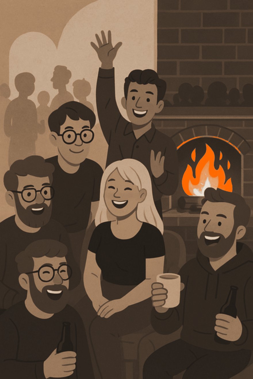 Illustration: eine fröhliche Runde am Kaminfeuer, Gläser und Becher in der Hand